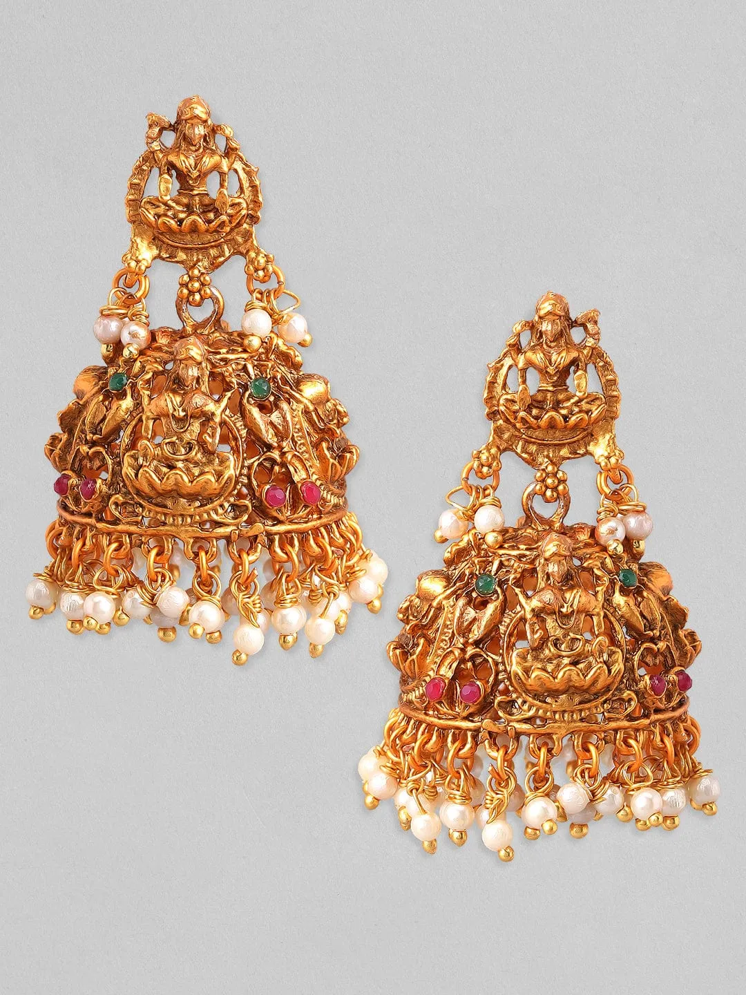 Rubans Gold Plated Divine Lakshmi With Red And Green Stone White Pearls Jhumka Earrings.