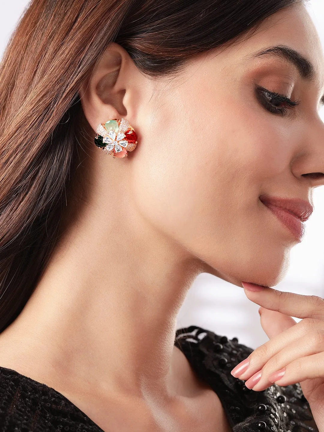 Rubans Rose Gold-Plated Multicolor AD Stud Earrings.