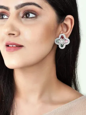 Rubans Silver-Plated Multicolour AD Stud Earring