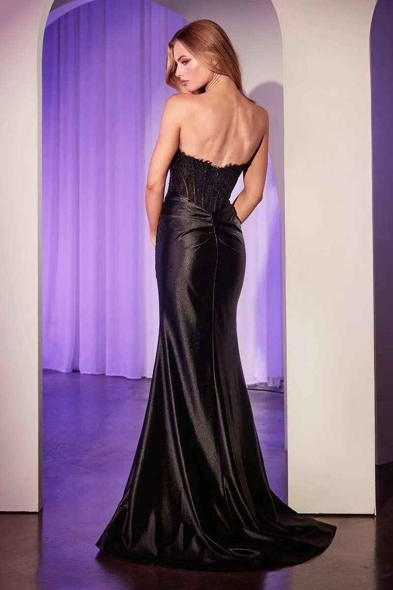 SATIN STRAPLESS GOWN WITH LACE DETAILING CDCD797