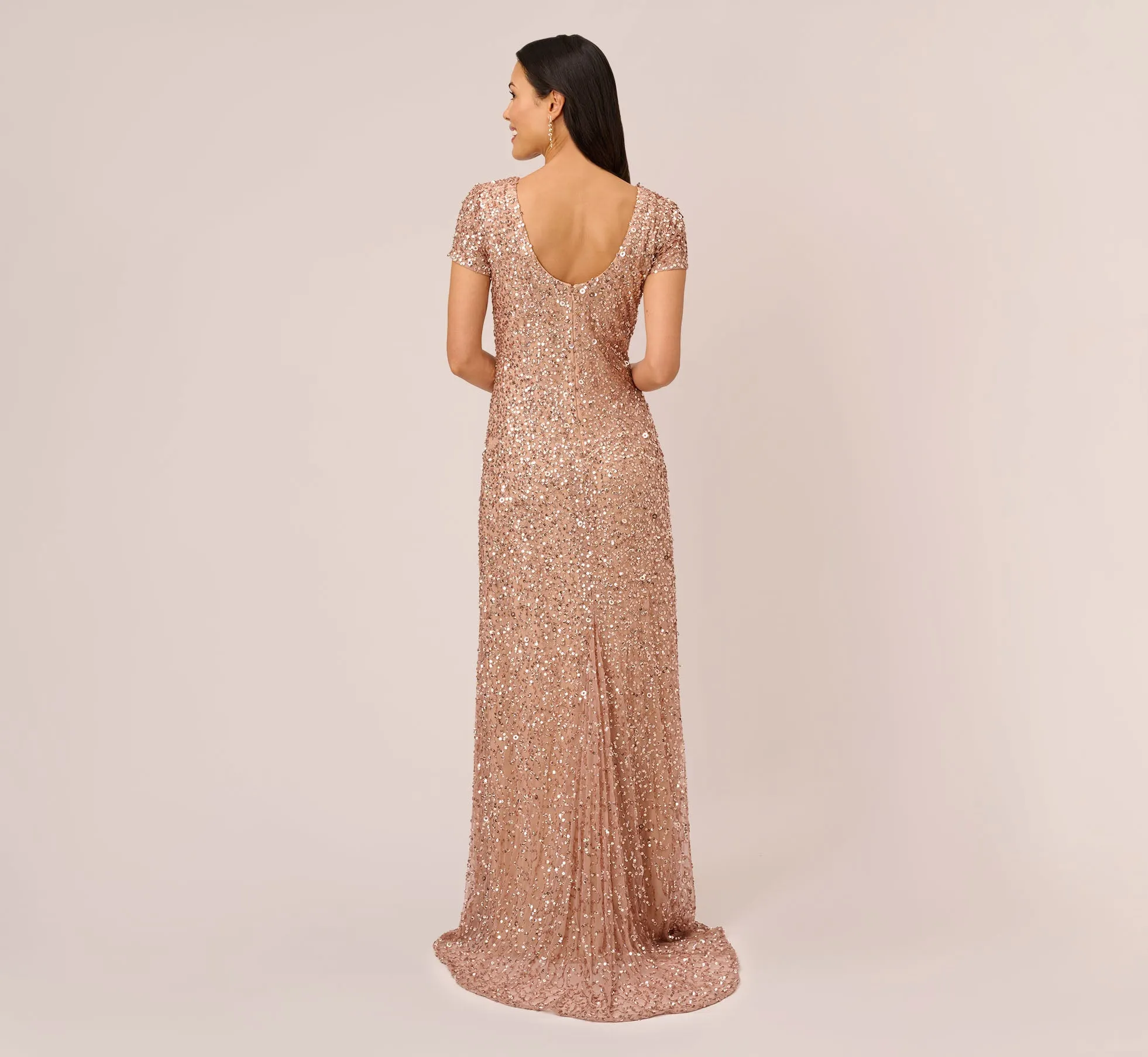 Scoop Back Sequin Gown In Rose Gold