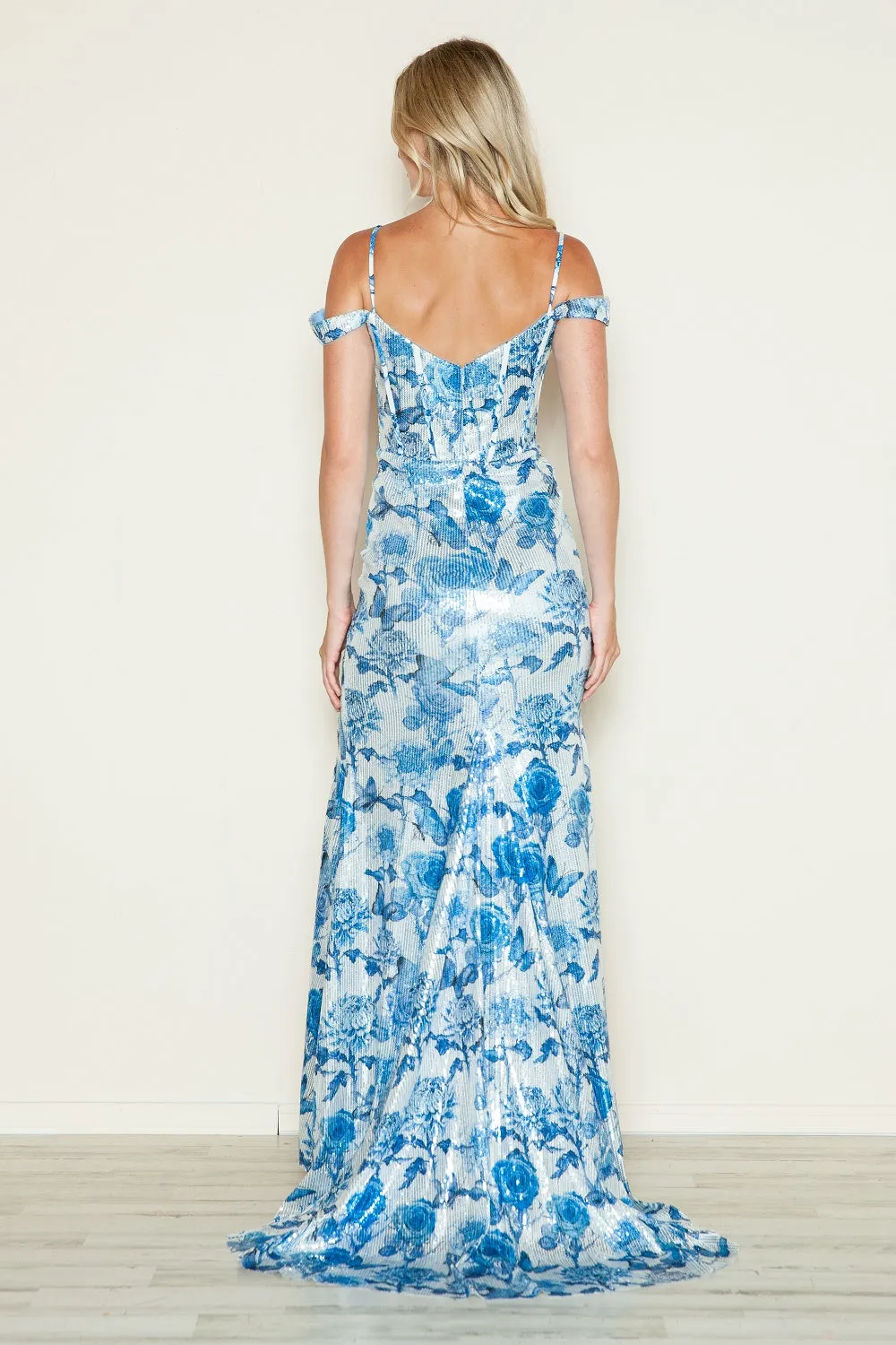 Sequin Print Off Shoulder Slit Gown by Poly USA 9444