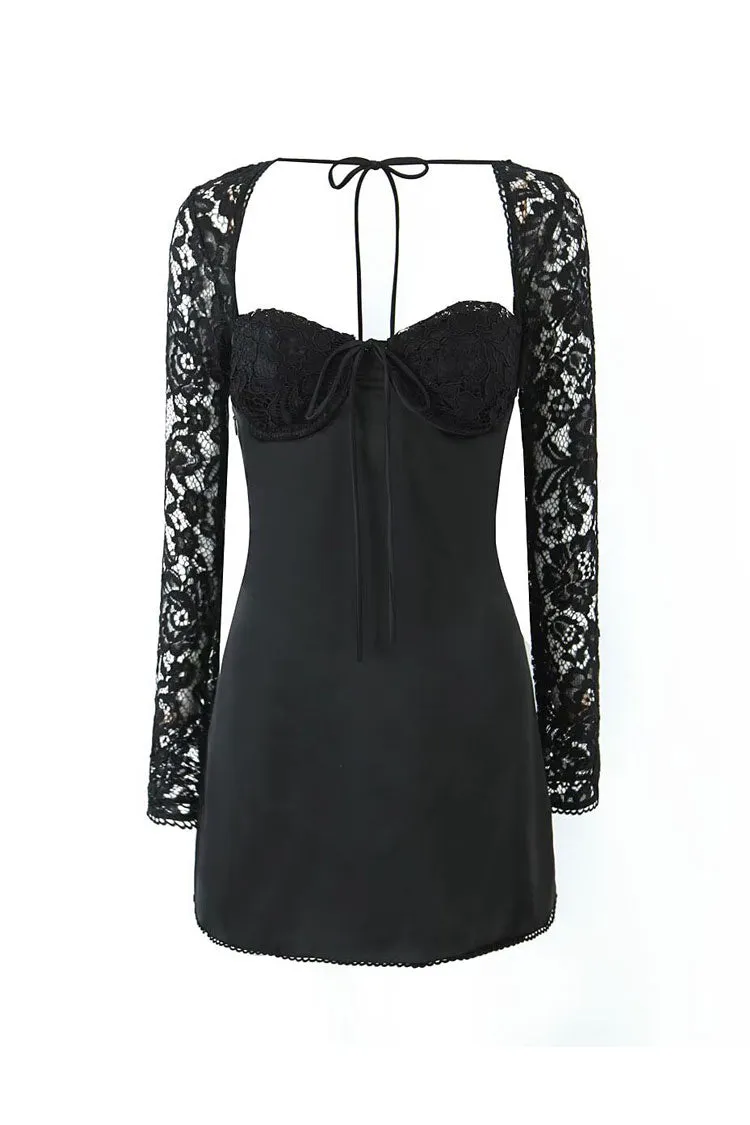 Sexy Bow Tie Bustier Lace Sleeve Smocked Lace Up Satin Party Mini Dress