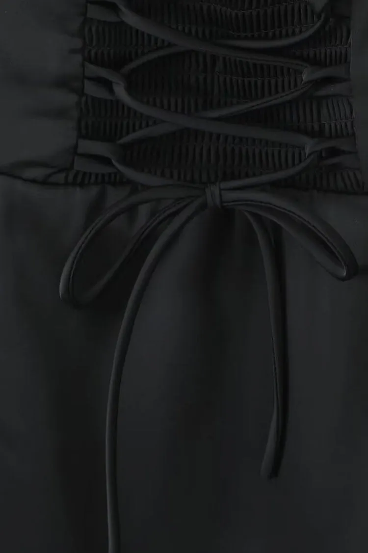 Sexy Bow Tie Bustier Lace Sleeve Smocked Lace Up Satin Party Mini Dress