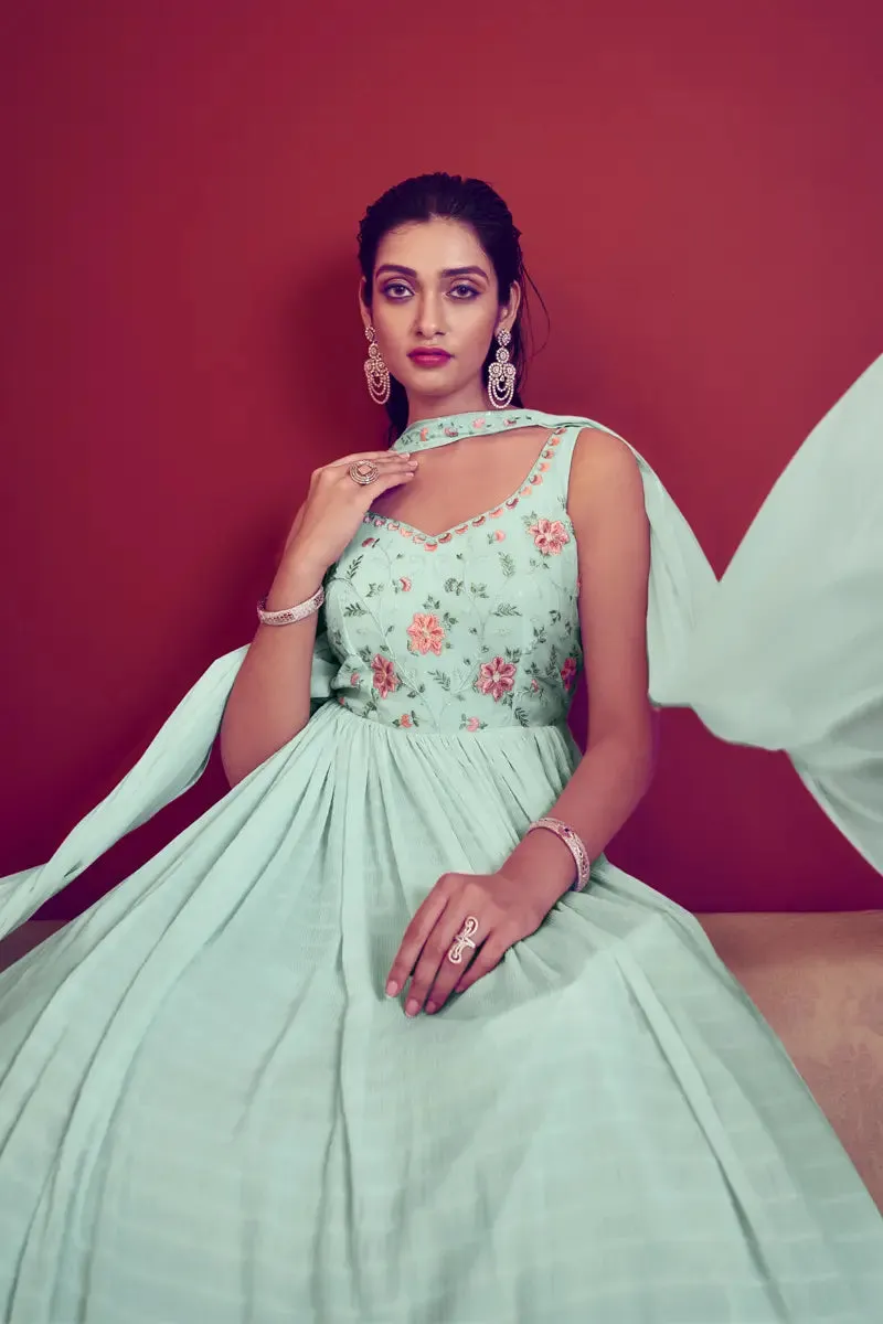 Sky Blue Color Sleeveless Gown For Raksha Bandhan