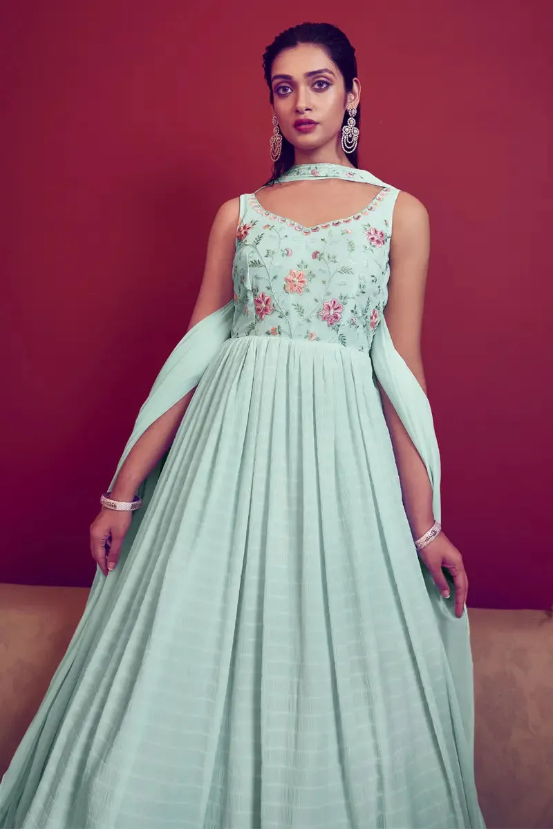 Sky Blue Color Sleeveless Gown For Raksha Bandhan