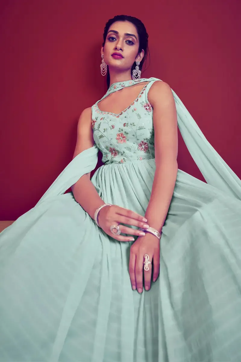 Sky Blue Color Sleeveless Gown For Raksha Bandhan