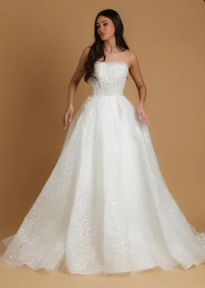 Sparkling strapless straight cut neckline crinoline skirt wedding dress