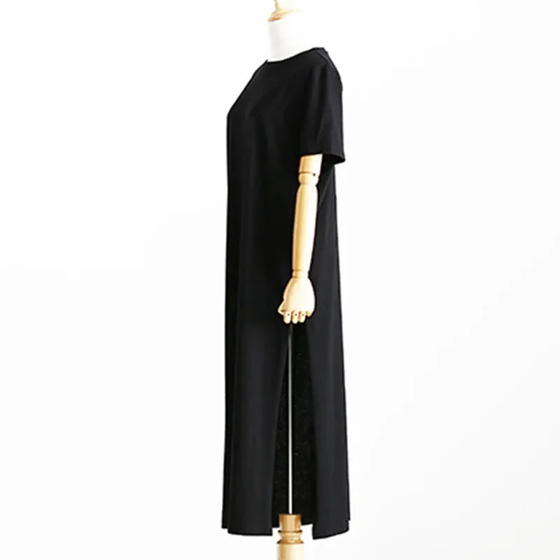 Summer Korean Style Midi Dress Women Casual Black Maxi T Shirt Dress Plus Size Short Sleeve Side Open Party Look