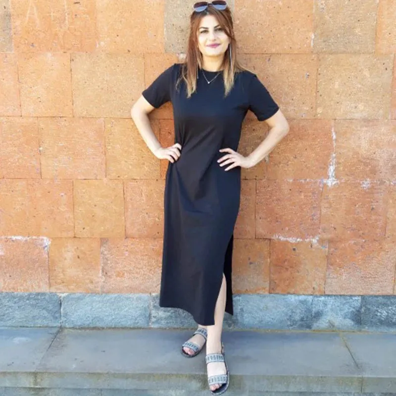 Summer Korean Style Midi Dress Women Casual Black Maxi T Shirt Dress Plus Size Short Sleeve Side Open Party Look