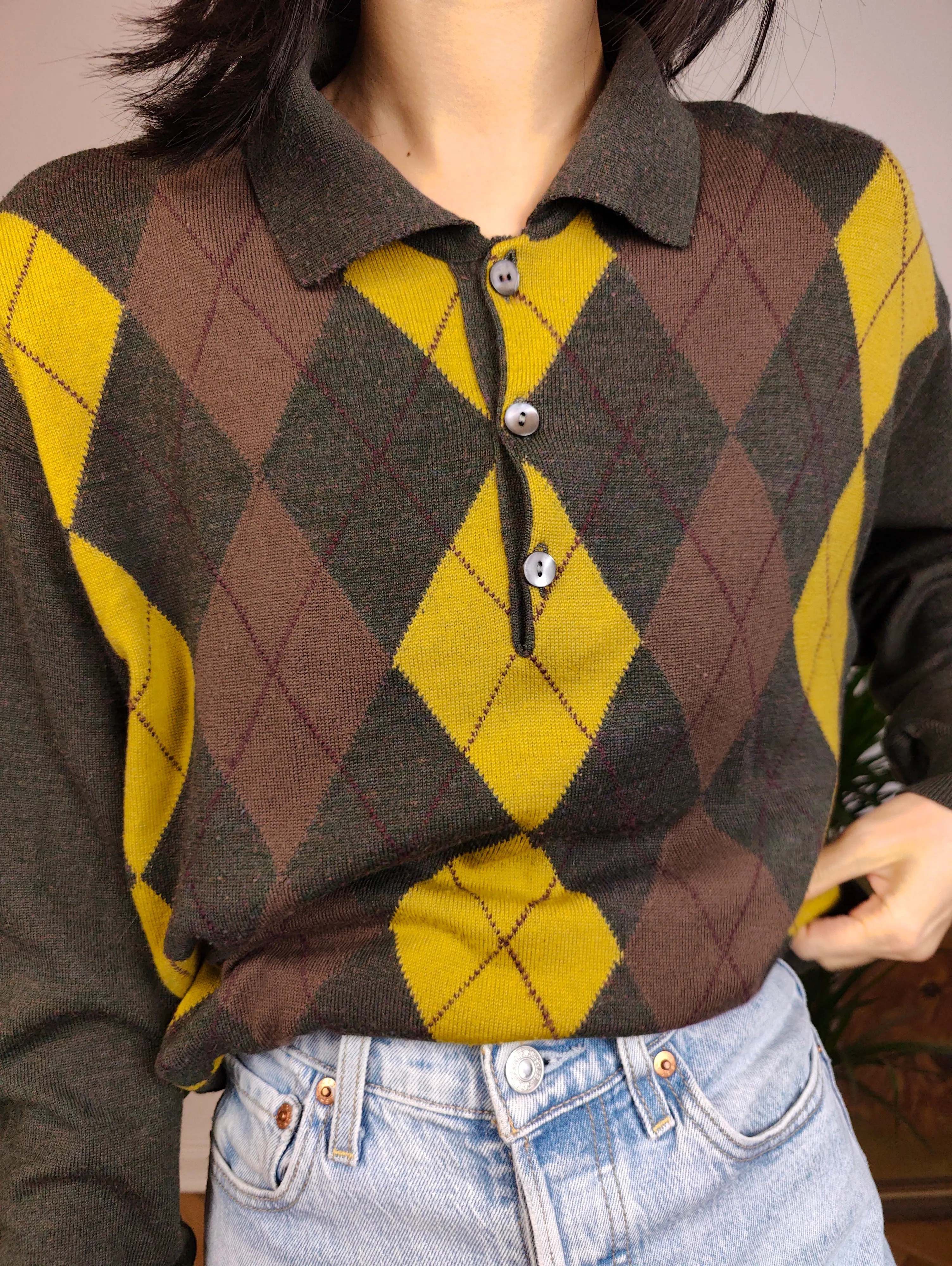 Vintage argyle merino wool polo collar sweater knit pullover jumper khaki green brown yellow diamonds M