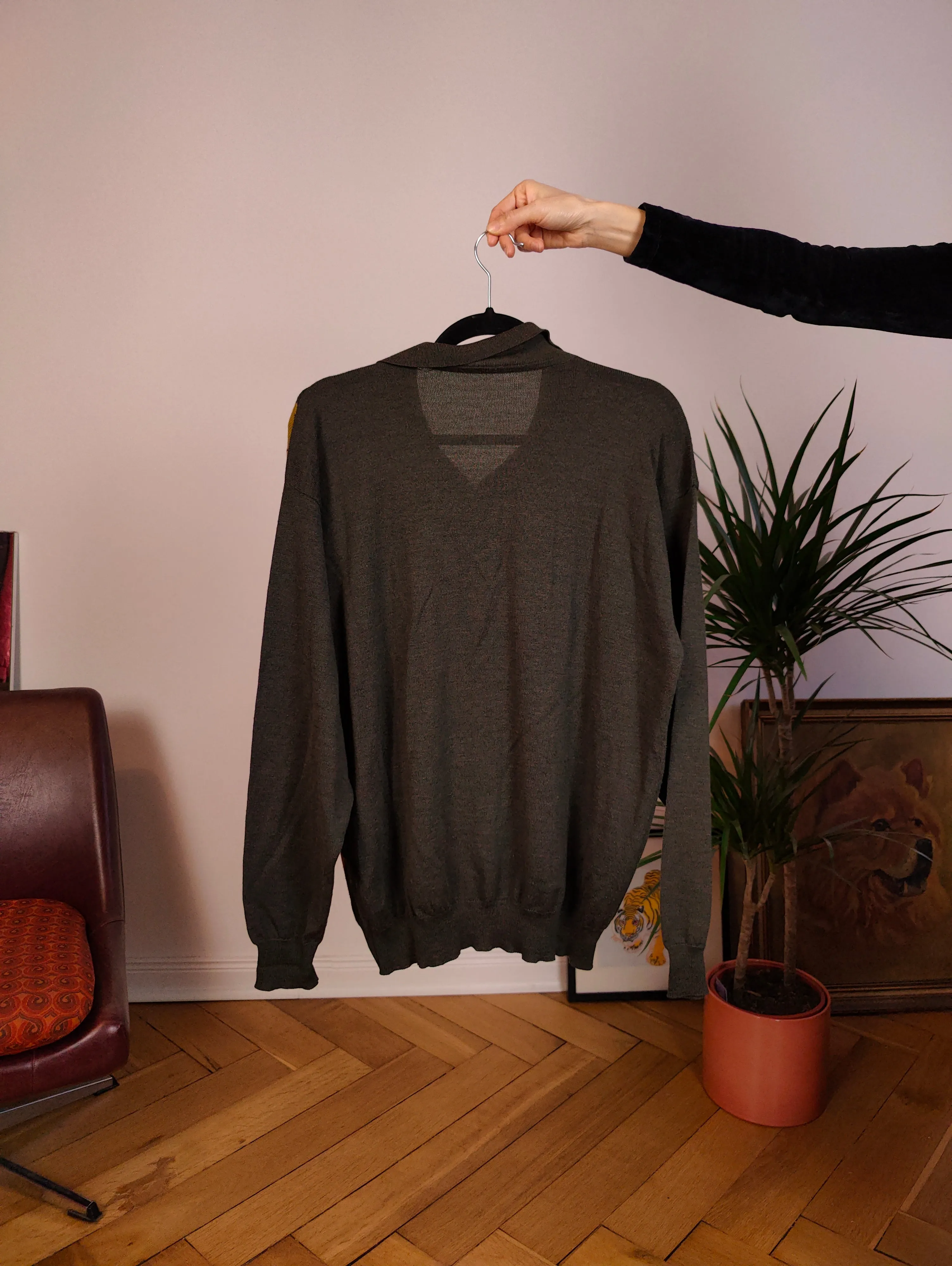 Vintage argyle merino wool polo collar sweater knit pullover jumper khaki green brown yellow diamonds M