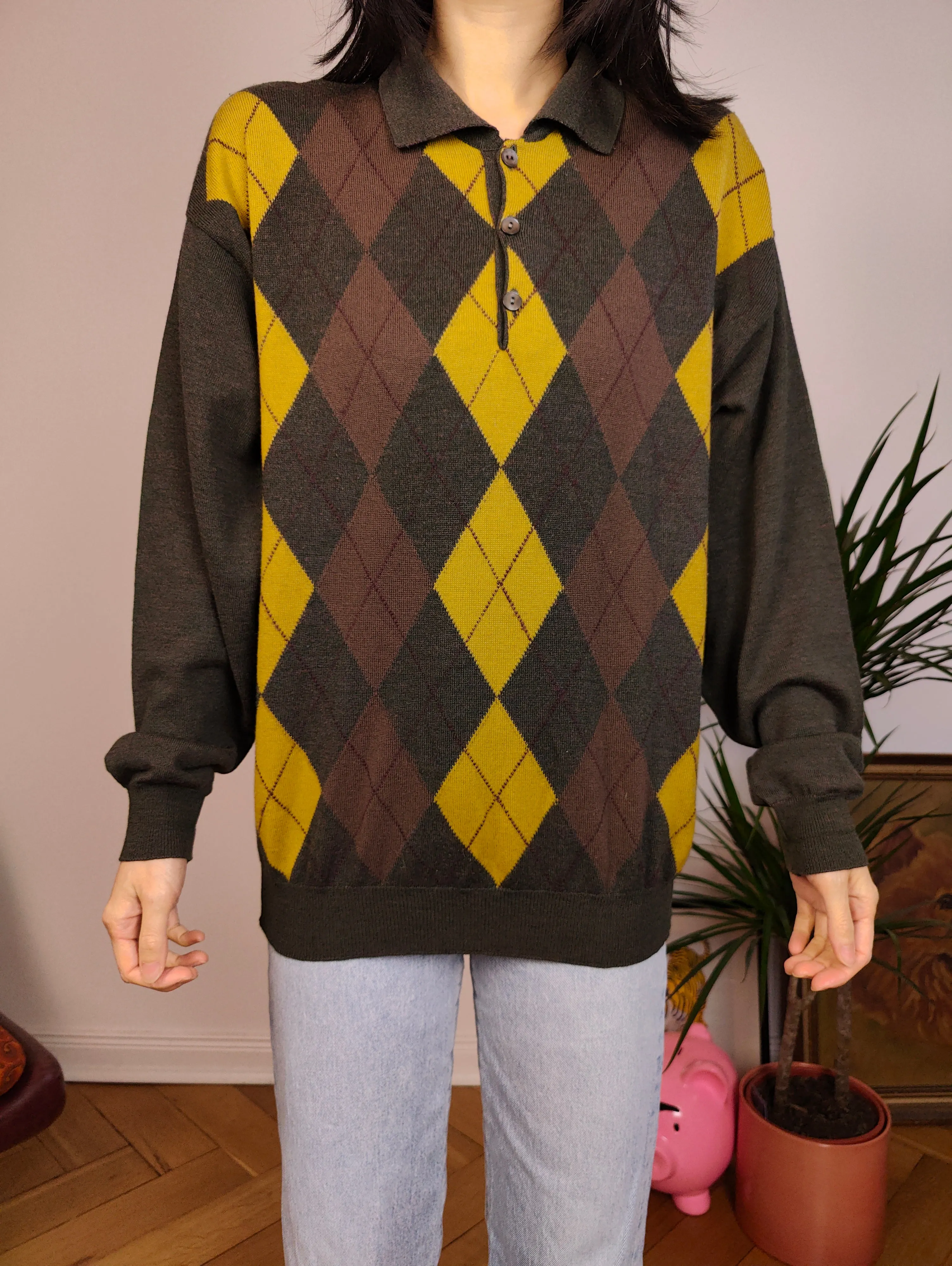 Vintage argyle merino wool polo collar sweater knit pullover jumper khaki green brown yellow diamonds M