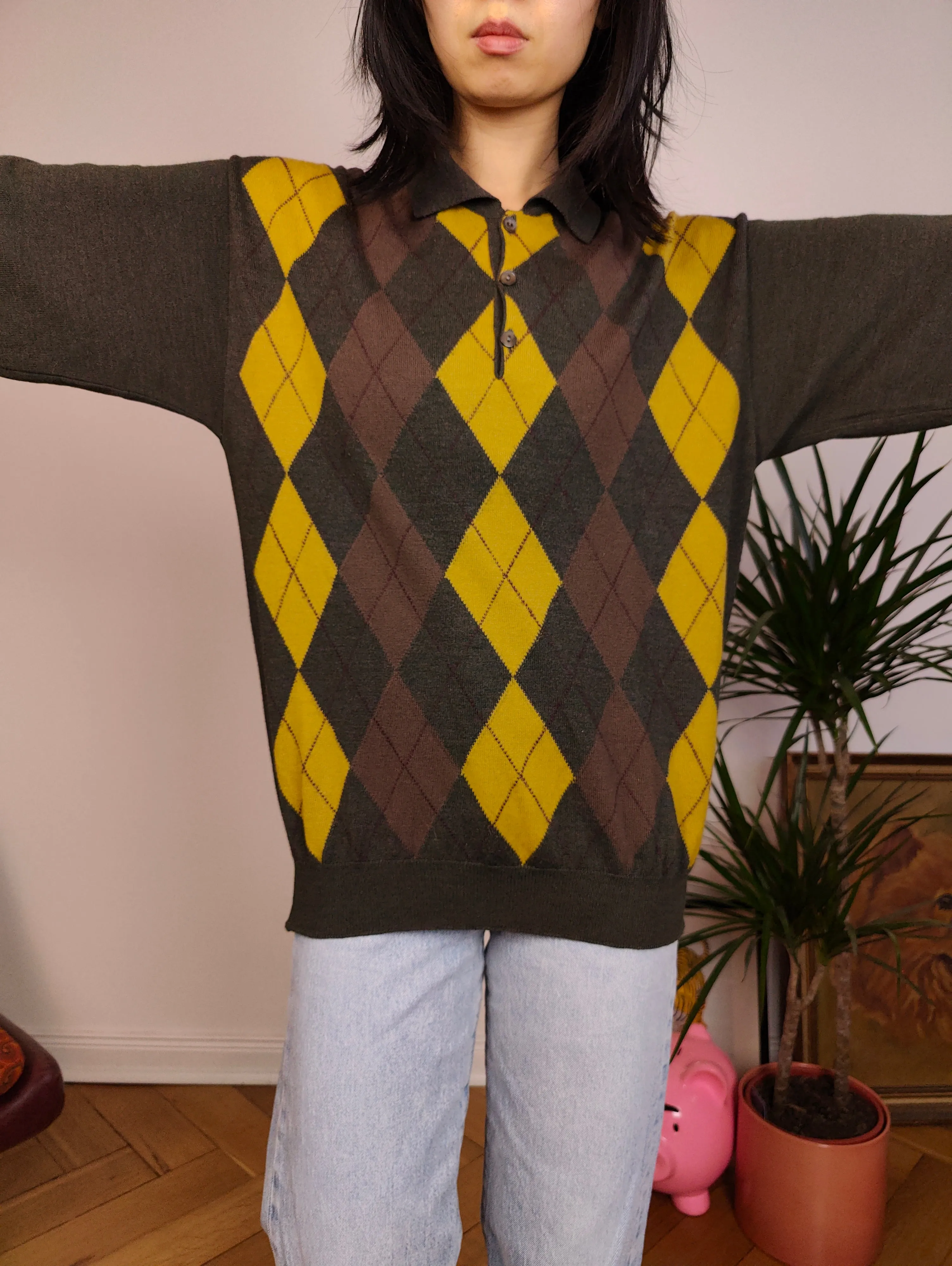 Vintage argyle merino wool polo collar sweater knit pullover jumper khaki green brown yellow diamonds M