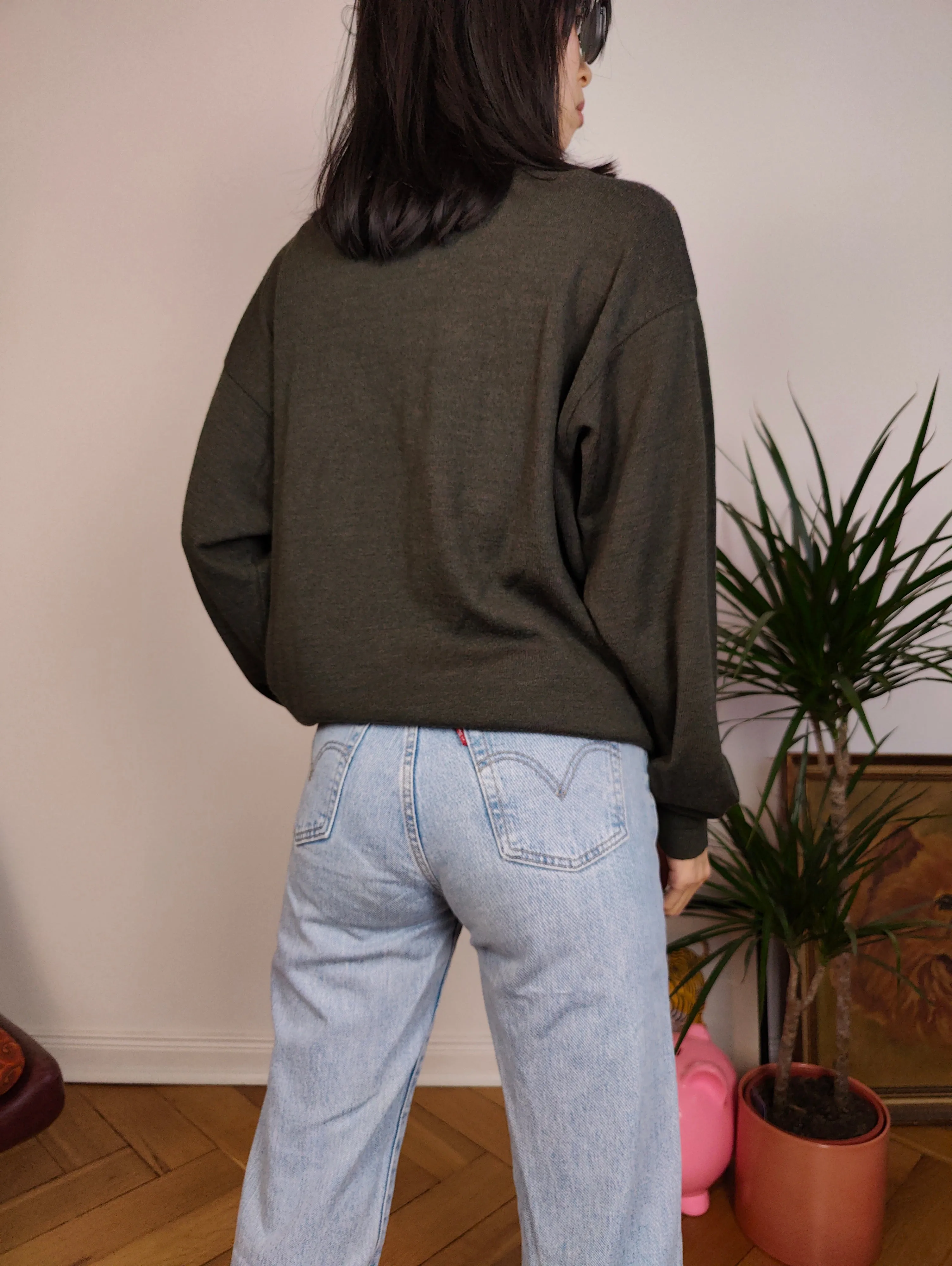 Vintage argyle merino wool polo collar sweater knit pullover jumper khaki green brown yellow diamonds M
