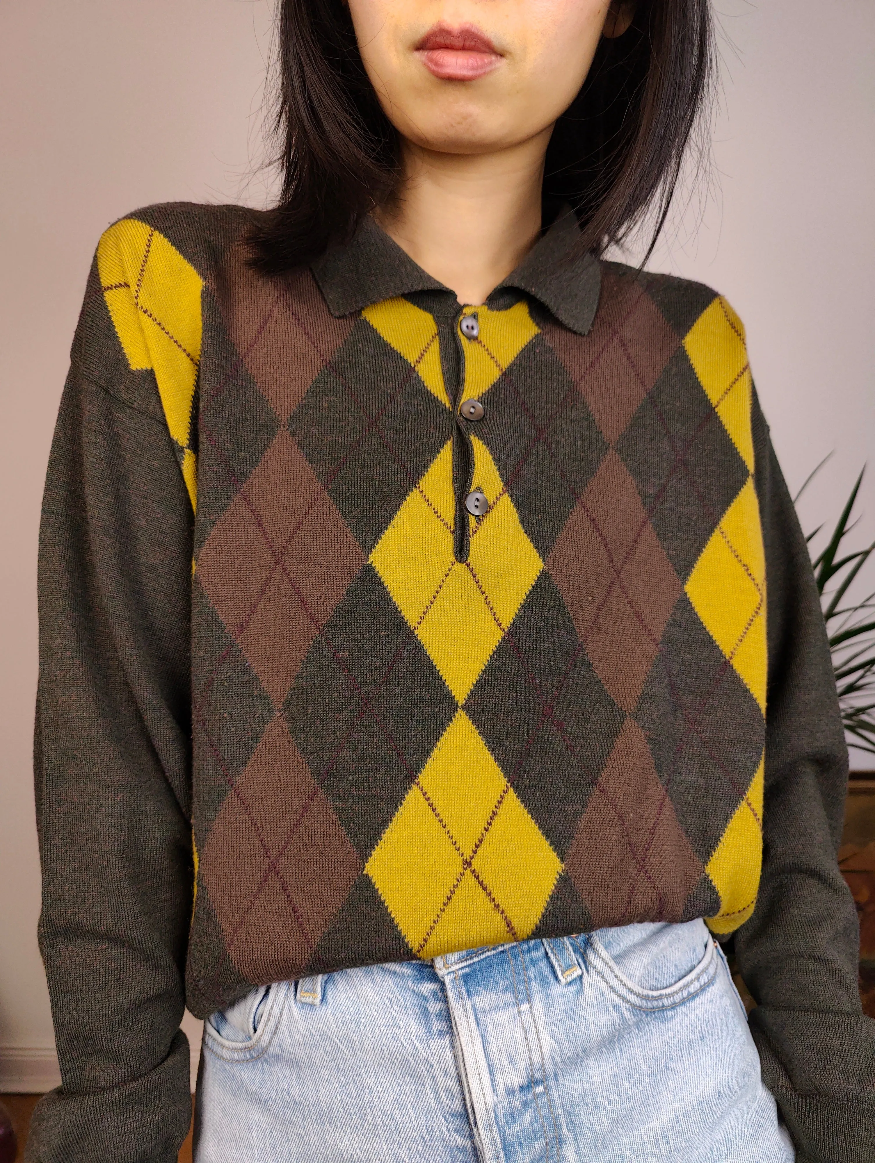 Vintage argyle merino wool polo collar sweater knit pullover jumper khaki green brown yellow diamonds M