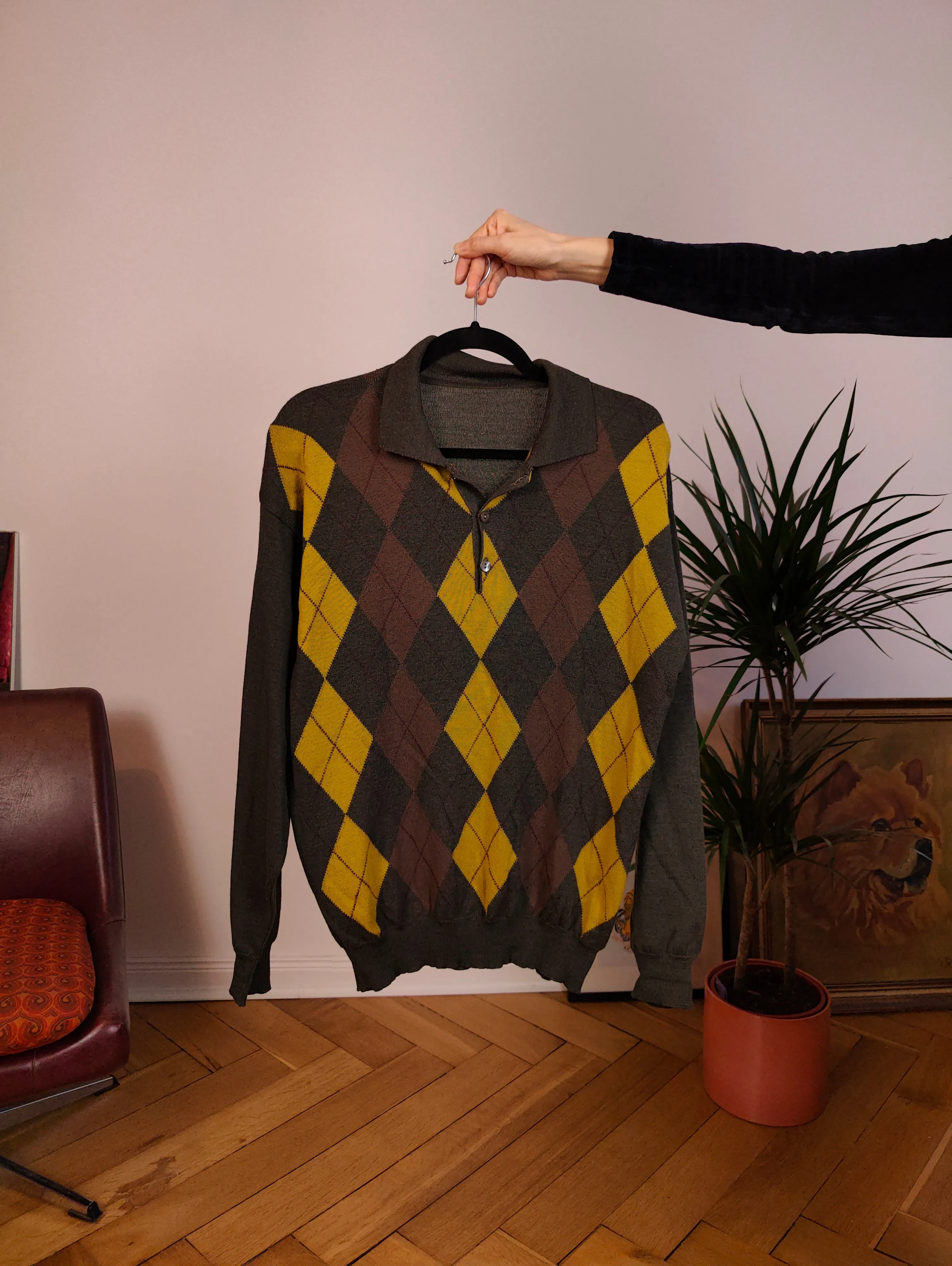 Vintage argyle merino wool polo collar sweater knit pullover jumper khaki green brown yellow diamonds M