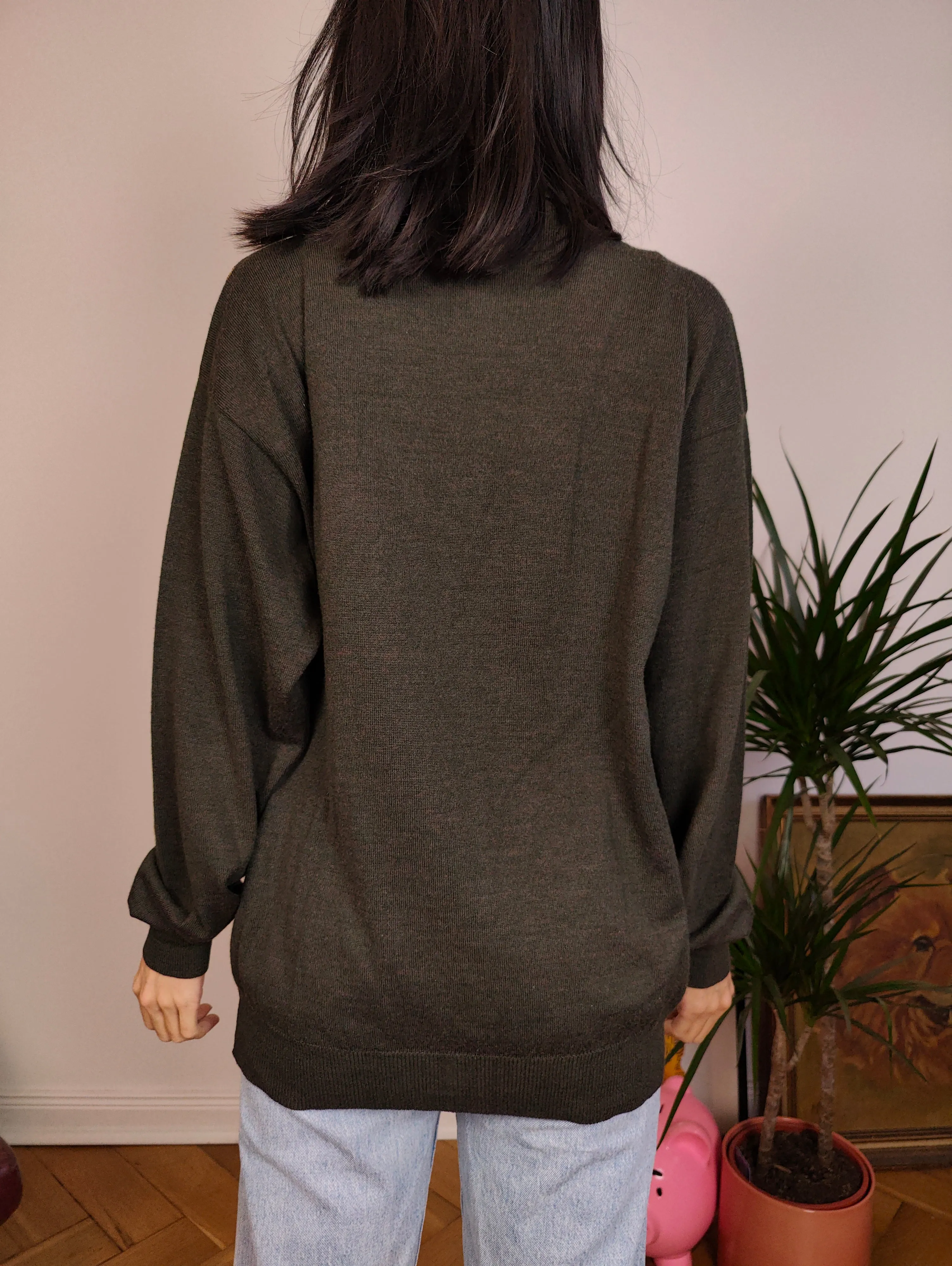 Vintage argyle merino wool polo collar sweater knit pullover jumper khaki green brown yellow diamonds M