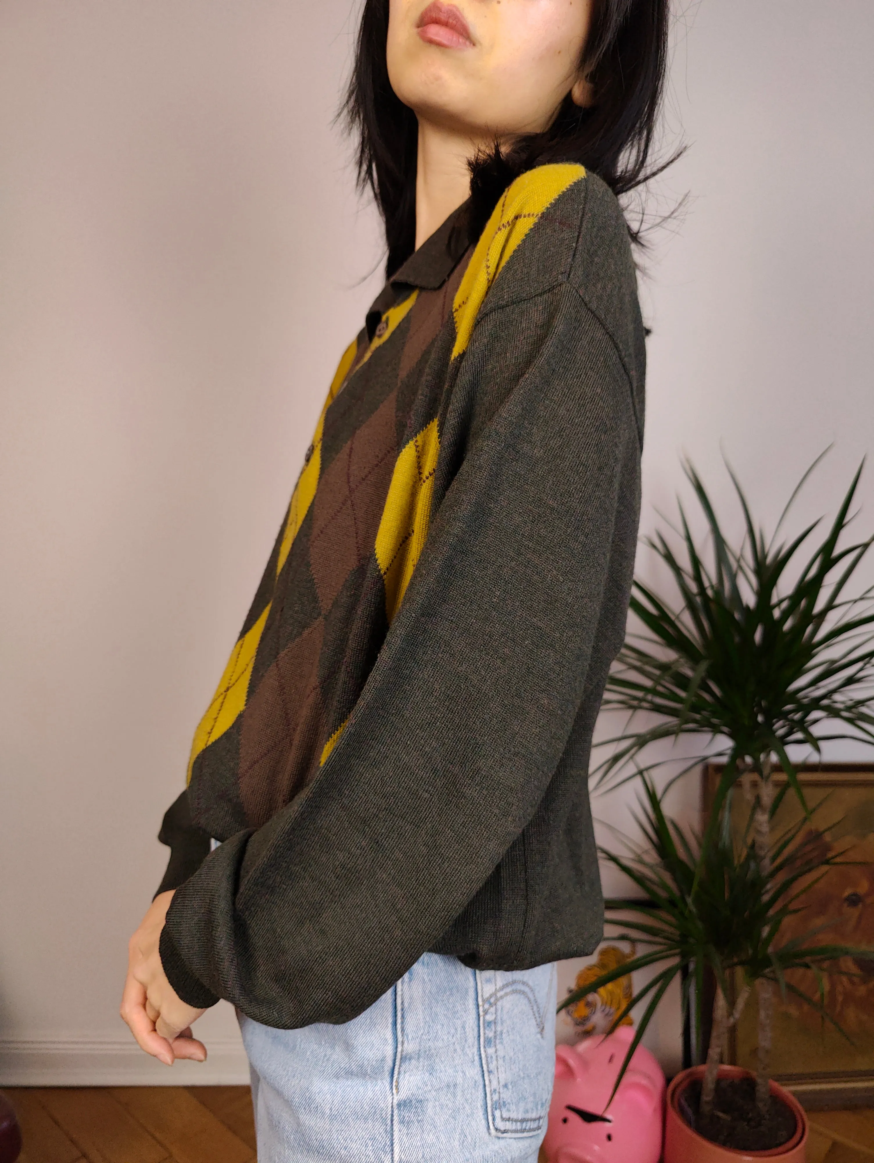 Vintage argyle merino wool polo collar sweater knit pullover jumper khaki green brown yellow diamonds M