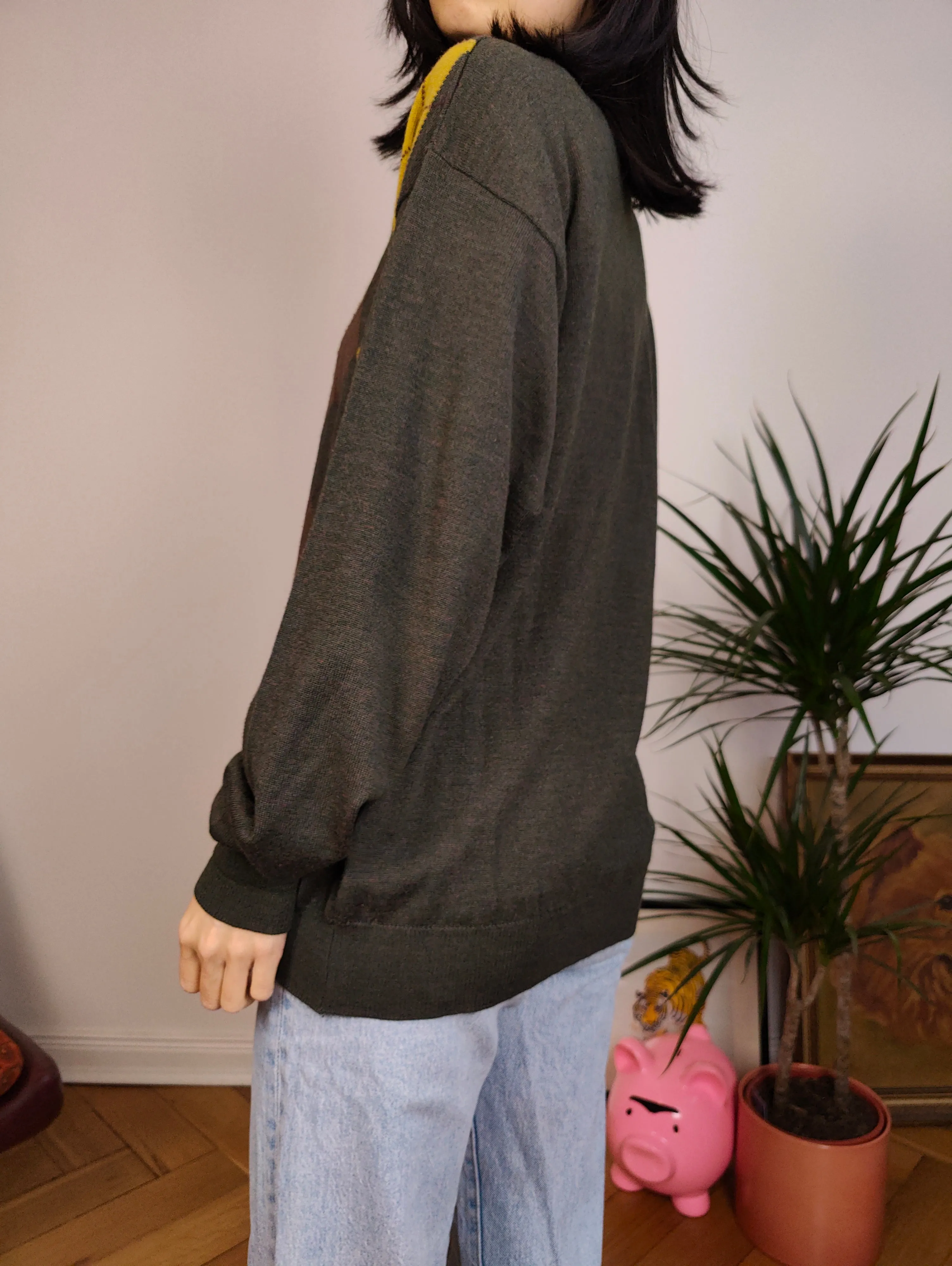 Vintage argyle merino wool polo collar sweater knit pullover jumper khaki green brown yellow diamonds M