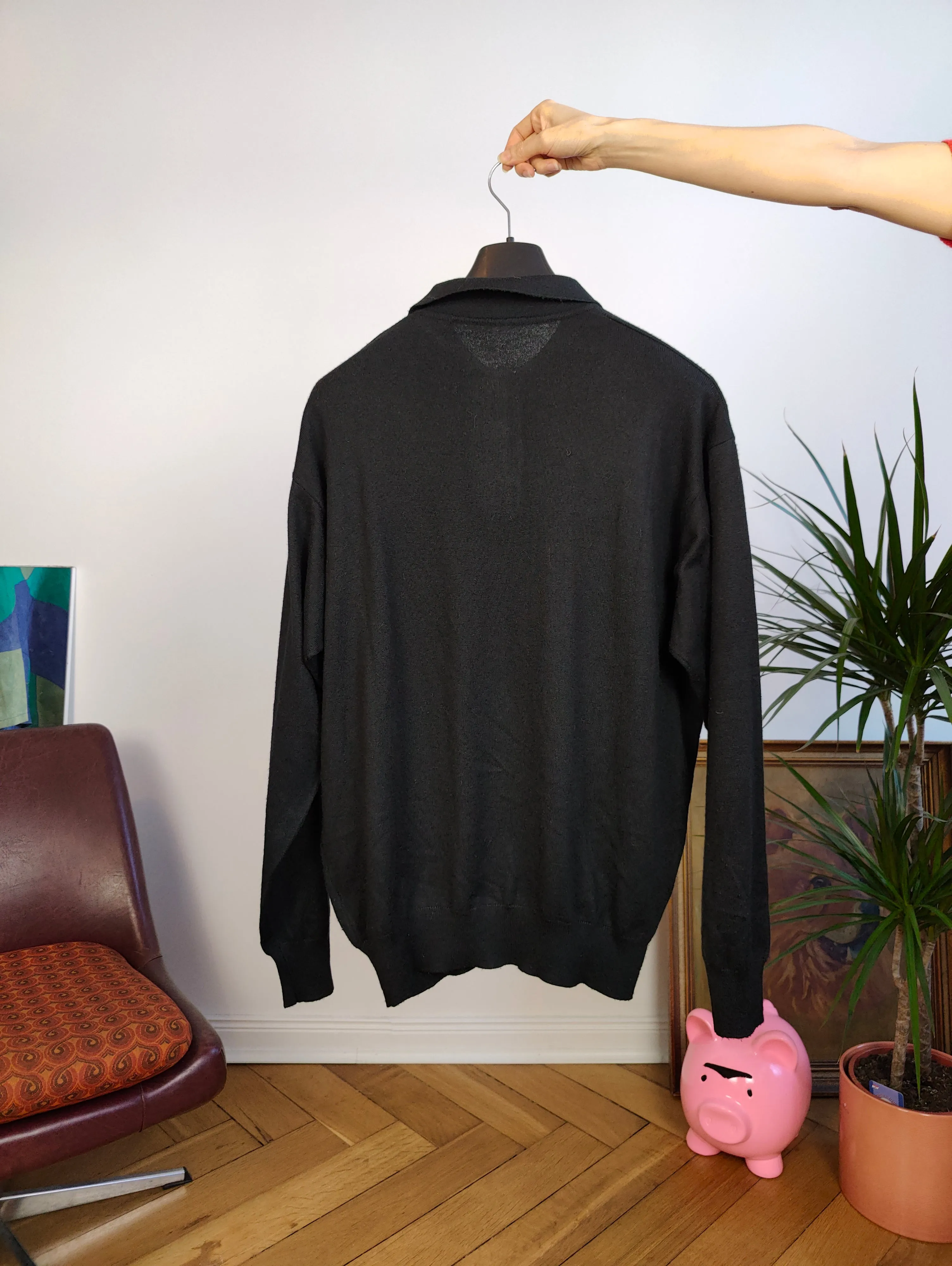 Vintage Merino wool mix knit polo sweater black plain knitted pullover jumper unisex men XL