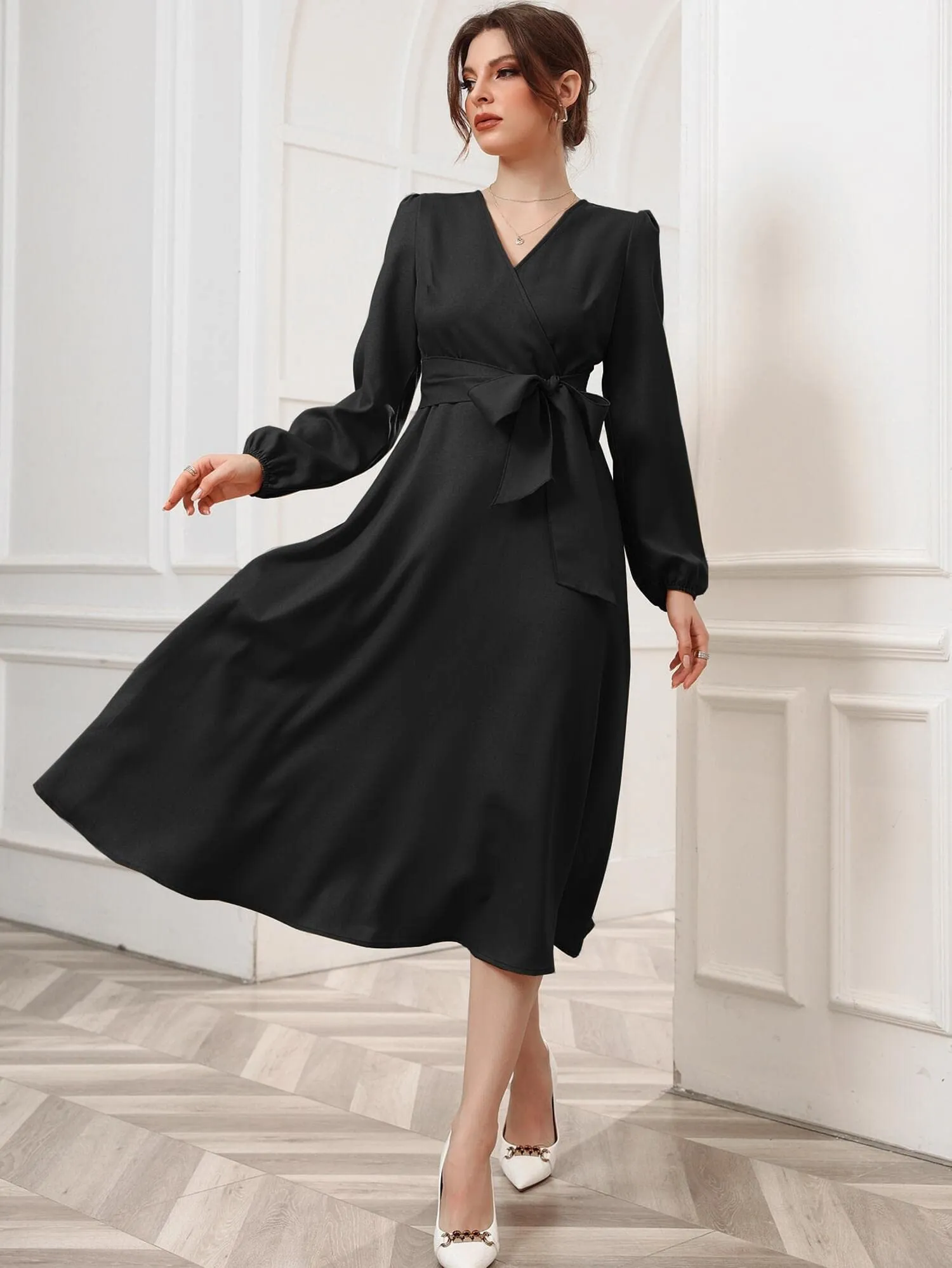 Vivvli Women's Polyester A-line V-Neck Bishop Sleeve Midi Belted Dress Black