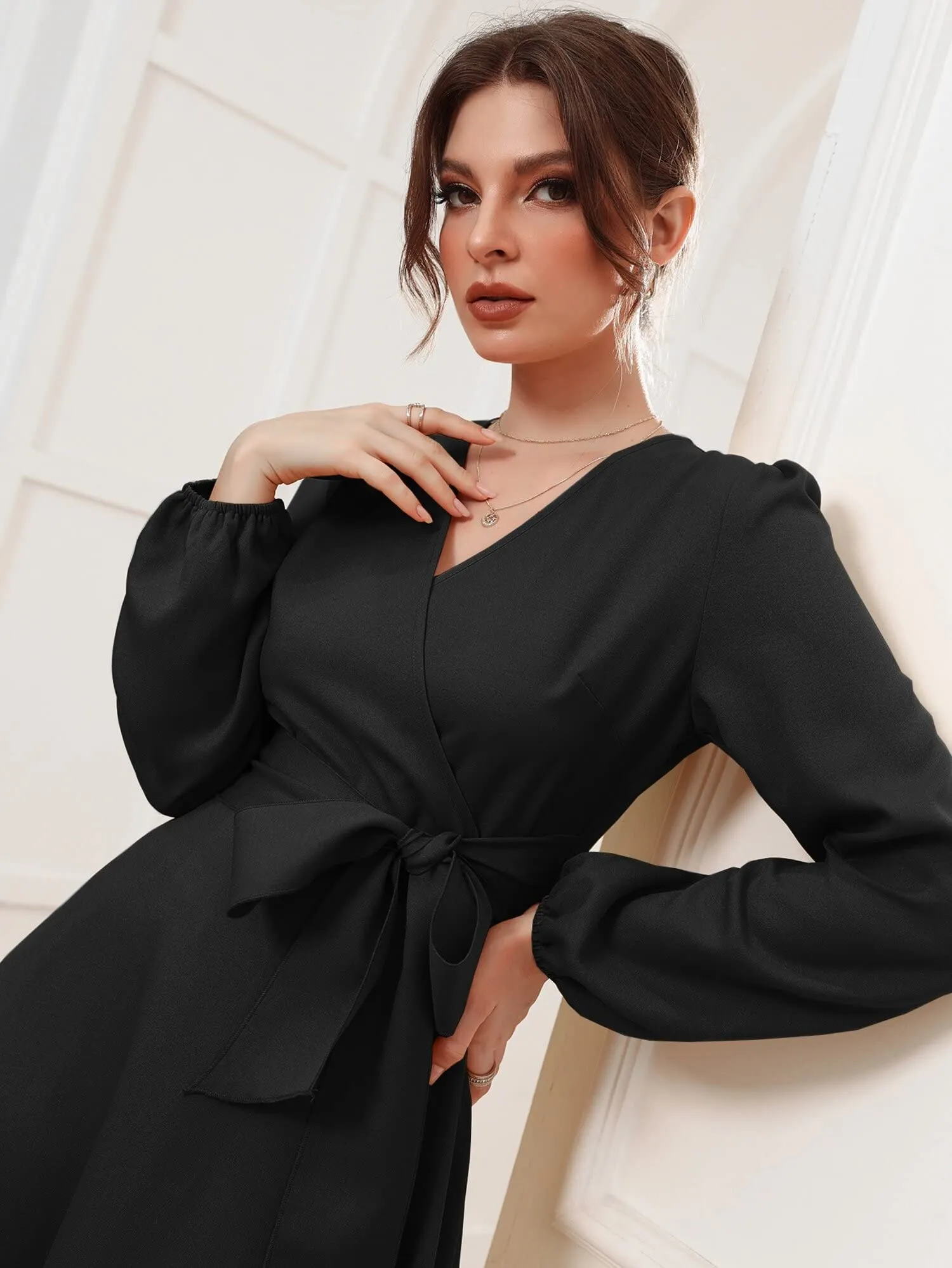 Vivvli Women's Polyester A-line V-Neck Bishop Sleeve Midi Belted Dress Black