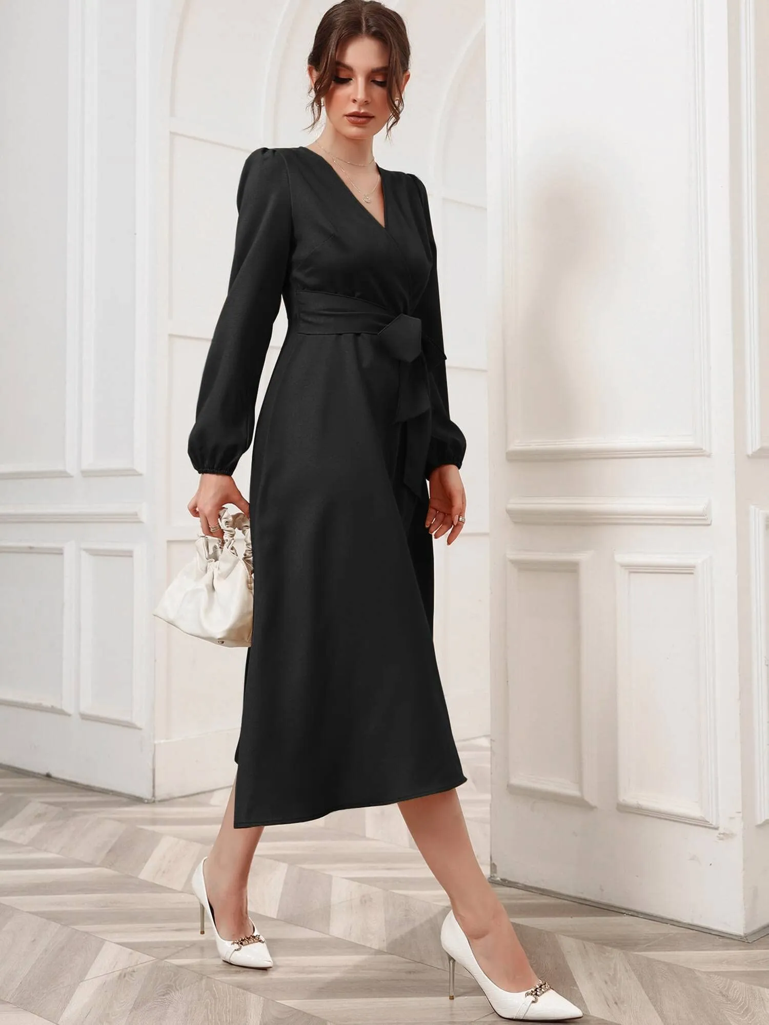 Vivvli Women's Polyester A-line V-Neck Bishop Sleeve Midi Belted Dress Black