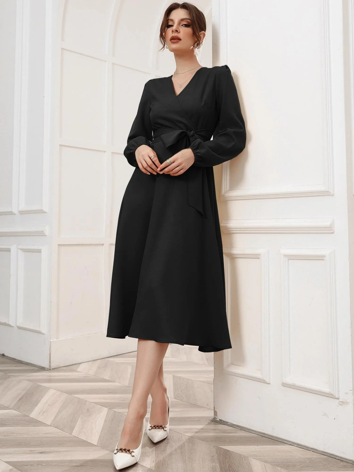 Vivvli Women's Polyester A-line V-Neck Bishop Sleeve Midi Belted Dress Black