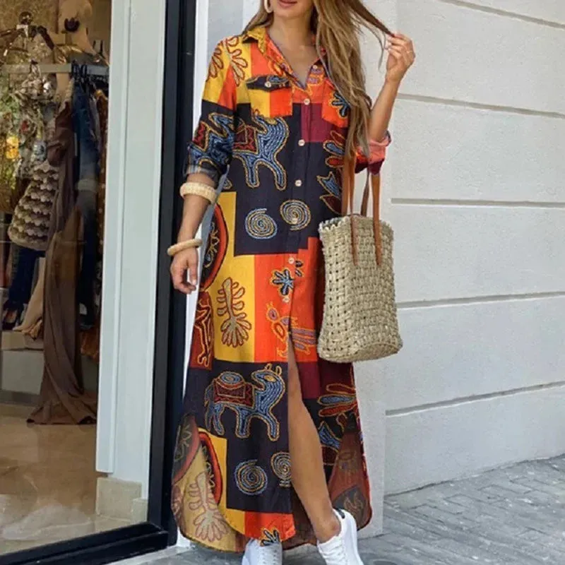 Women Long Sleeve Shirt Dress Spring Autumn Casual Boho Printed Dresses Fashion Vestido Single Breasted Button Party Female Maxi