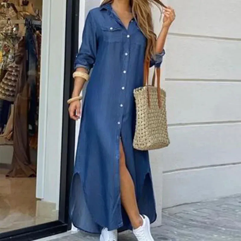 Women Long Sleeve Shirt Dress Spring Autumn Casual Boho Printed Dresses Fashion Vestido Single Breasted Button Party Female Maxi