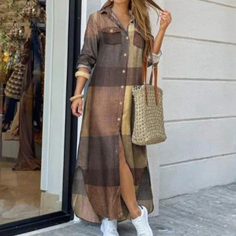 Women Long Sleeve Shirt Dress Spring Autumn Casual Boho Printed Dresses Fashion Vestido Single Breasted Button Party Female Maxi