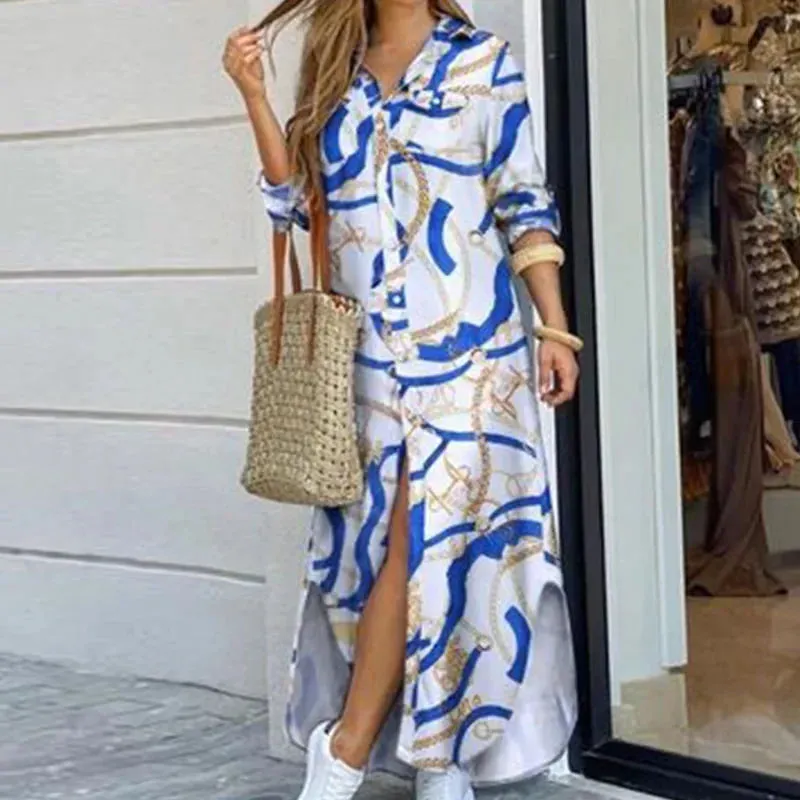 Women Long Sleeve Shirt Dress Spring Autumn Casual Boho Printed Dresses Fashion Vestido Single Breasted Button Party Female Maxi