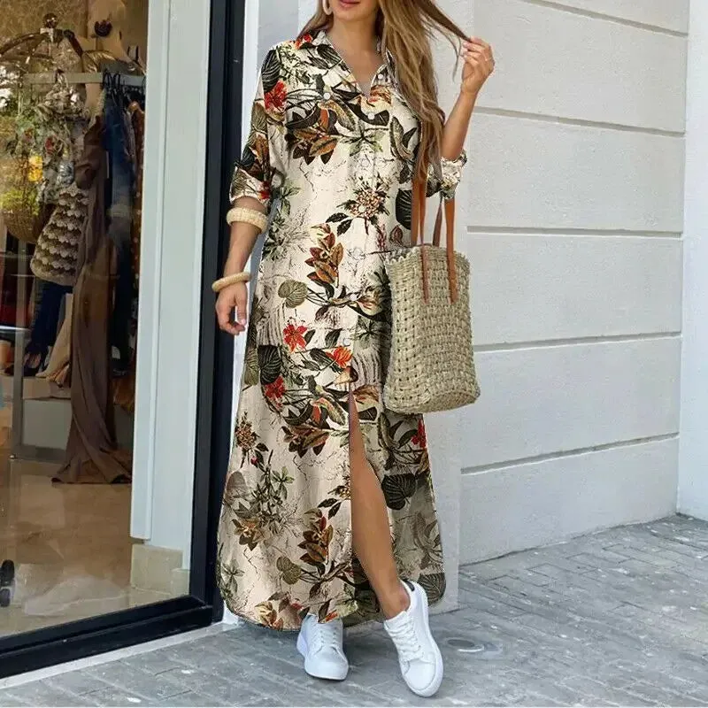 Women Long Sleeve Shirt Dress Spring Autumn Casual Boho Printed Dresses Fashion Vestido Single Breasted Button Party Female Maxi