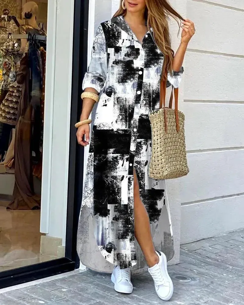 Women Long Sleeve Shirt Dress Spring Autumn Casual Boho Printed Dresses Fashion Vestido Single Breasted Button Party Female Maxi