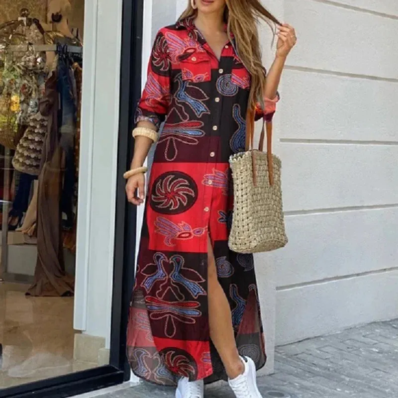 Women Long Sleeve Shirt Dress Spring Autumn Casual Boho Printed Dresses Fashion Vestido Single Breasted Button Party Female Maxi