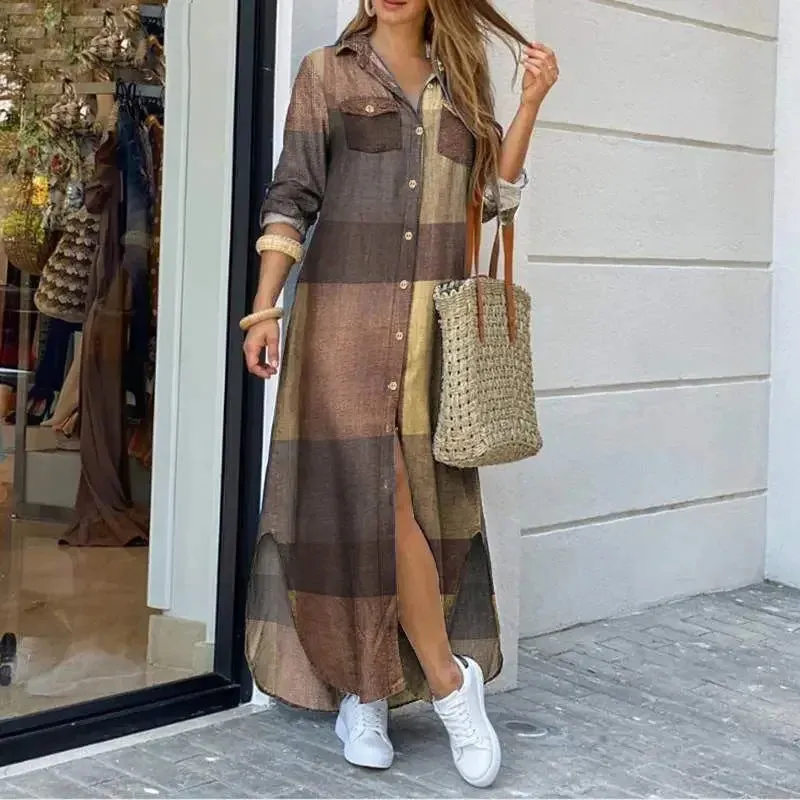 Women Long Sleeve Shirt Dress Spring Autumn Casual Boho Printed Dresses Fashion Vestido Single Breasted Button Party Female Maxi