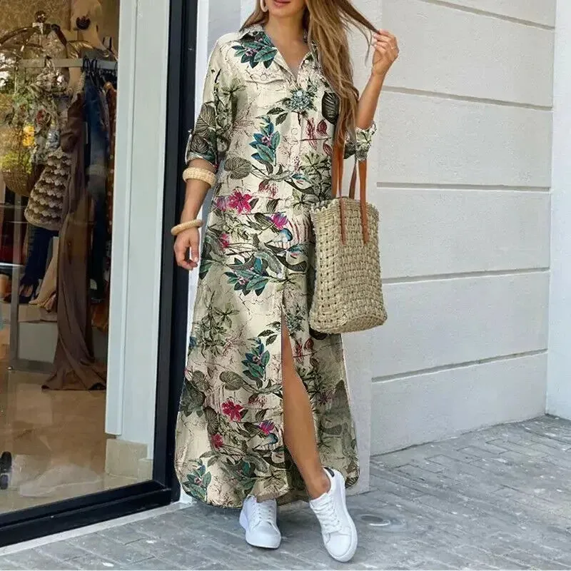 Women Long Sleeve Shirt Dress Spring Autumn Casual Boho Printed Dresses Fashion Vestido Single Breasted Button Party Female Maxi