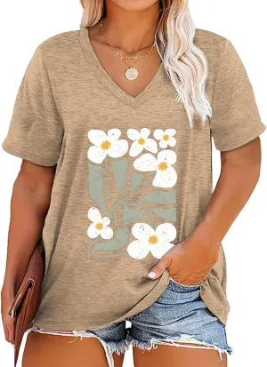 Womens Plus Size Tops Boho Floral Short Sleeve V Neck T-Shirt Casual Summer Wildflower Graphic Tees