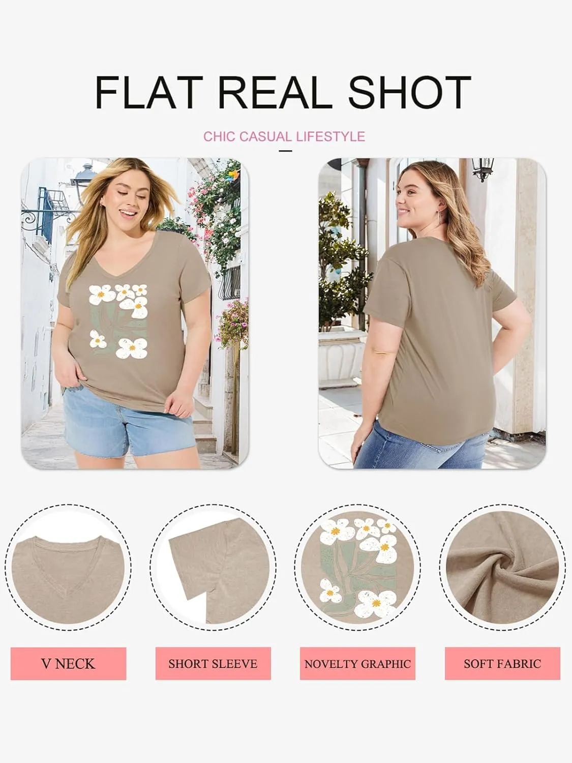Womens Plus Size Tops Boho Floral Short Sleeve V Neck T-Shirt Casual Summer Wildflower Graphic Tees