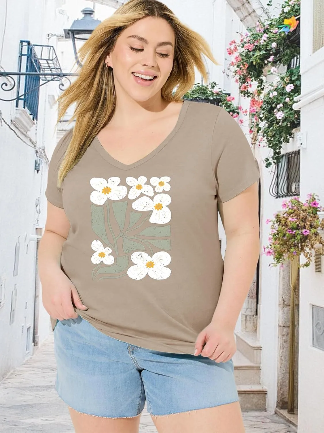 Womens Plus Size Tops Boho Floral Short Sleeve V Neck T-Shirt Casual Summer Wildflower Graphic Tees