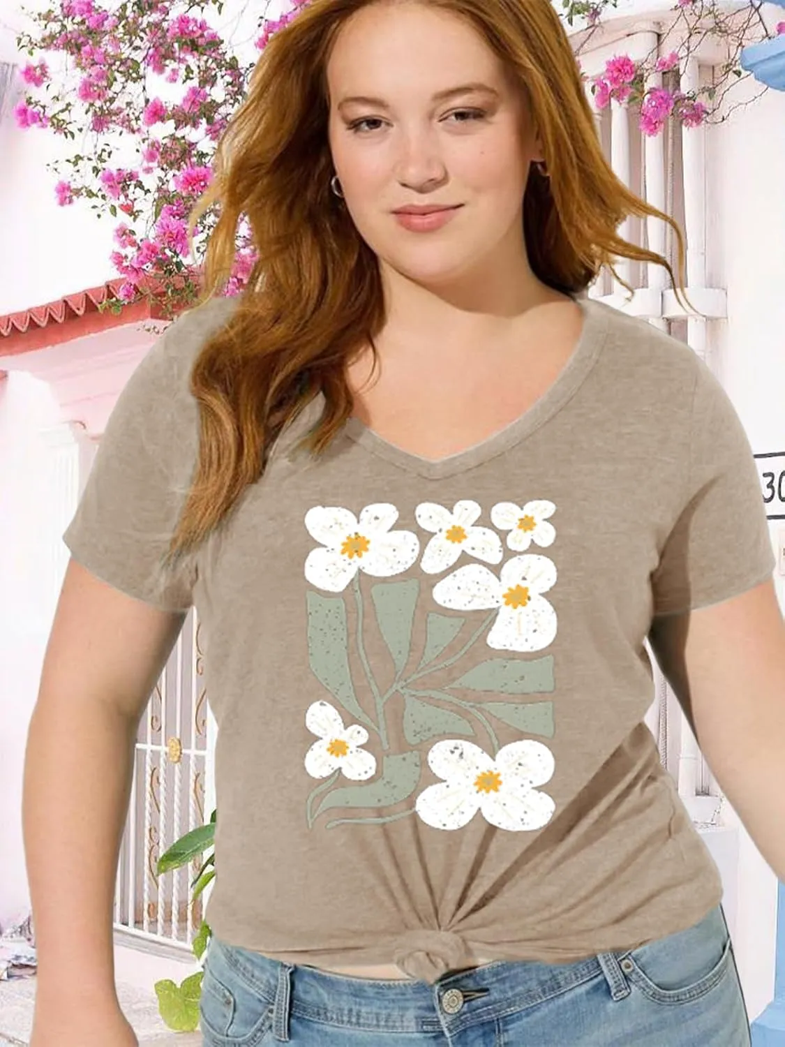 Womens Plus Size Tops Boho Floral Short Sleeve V Neck T-Shirt Casual Summer Wildflower Graphic Tees