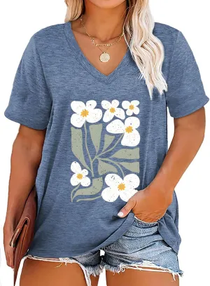 Womens Plus Size Tops Boho Floral Short Sleeve V Neck T-Shirt Casual Summer Wildflower Graphic Tees
